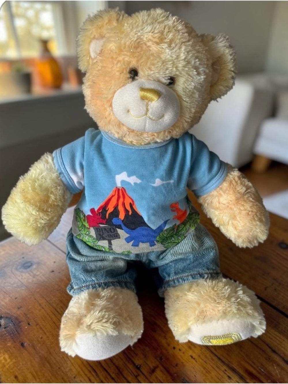 Vintage Build-A-Bear Plush Teddy Bear in Blue Dinosaur Tee and Denim Jean Outfit